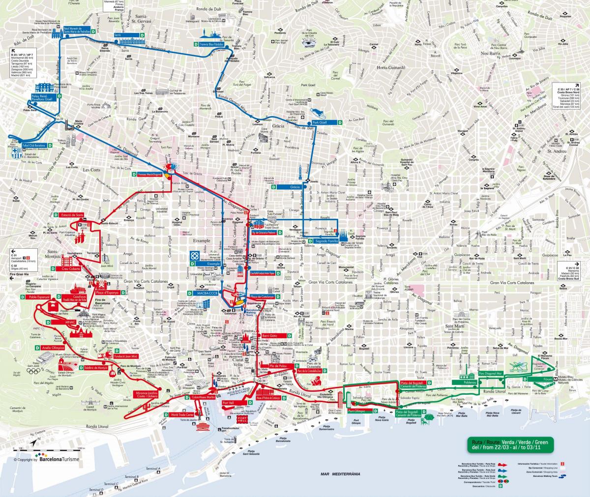 barcelona bus turistic červená čára mapě